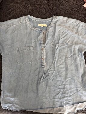 LOFT Chambray Light Blue Button-Neck Shirt
